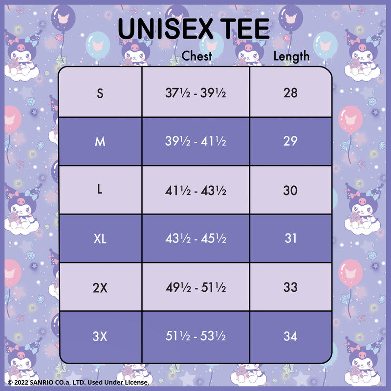 Loungefly Size chart for a unisex tee with cartoon characters on a purple background