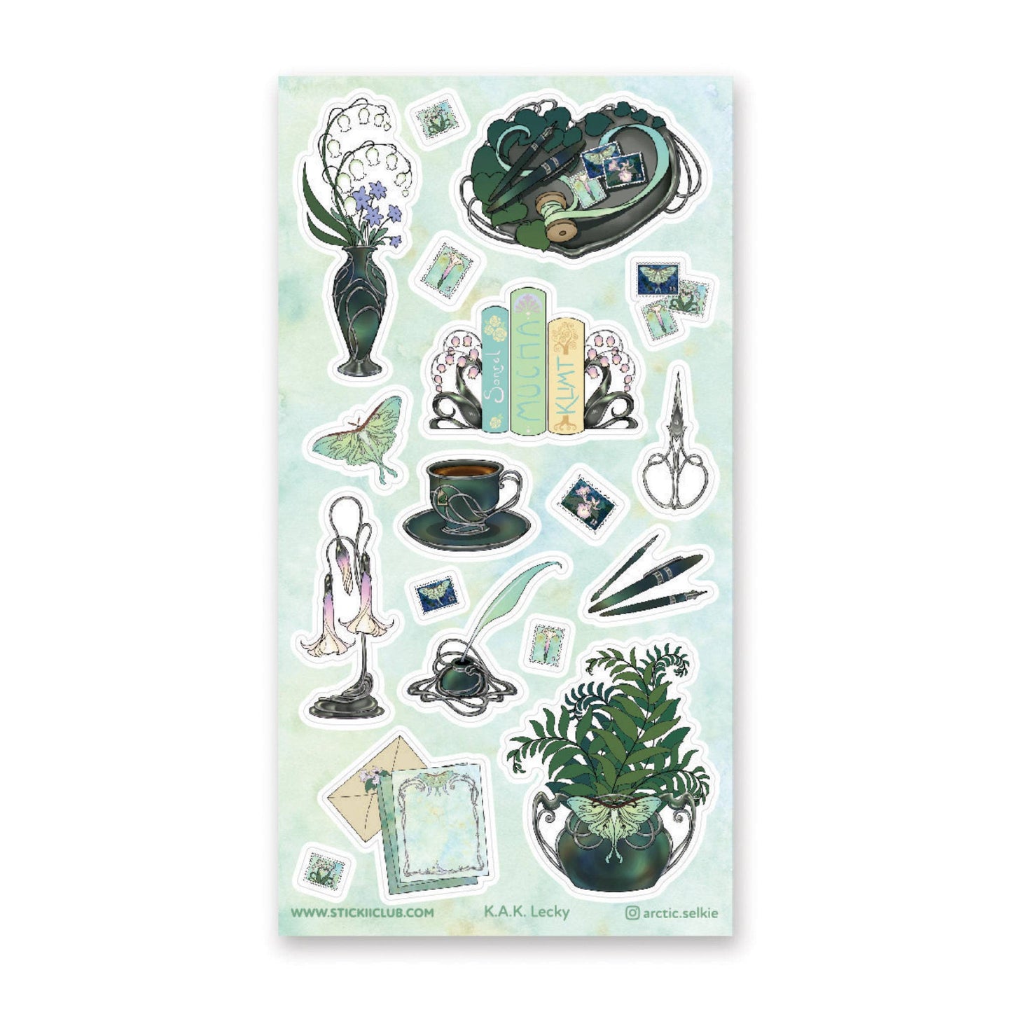 Sheet of decorative stickers with nature-themed designs on a light green background