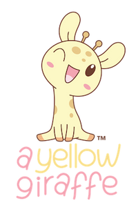 kawaii yellow giraffe sitting on top of shop name 