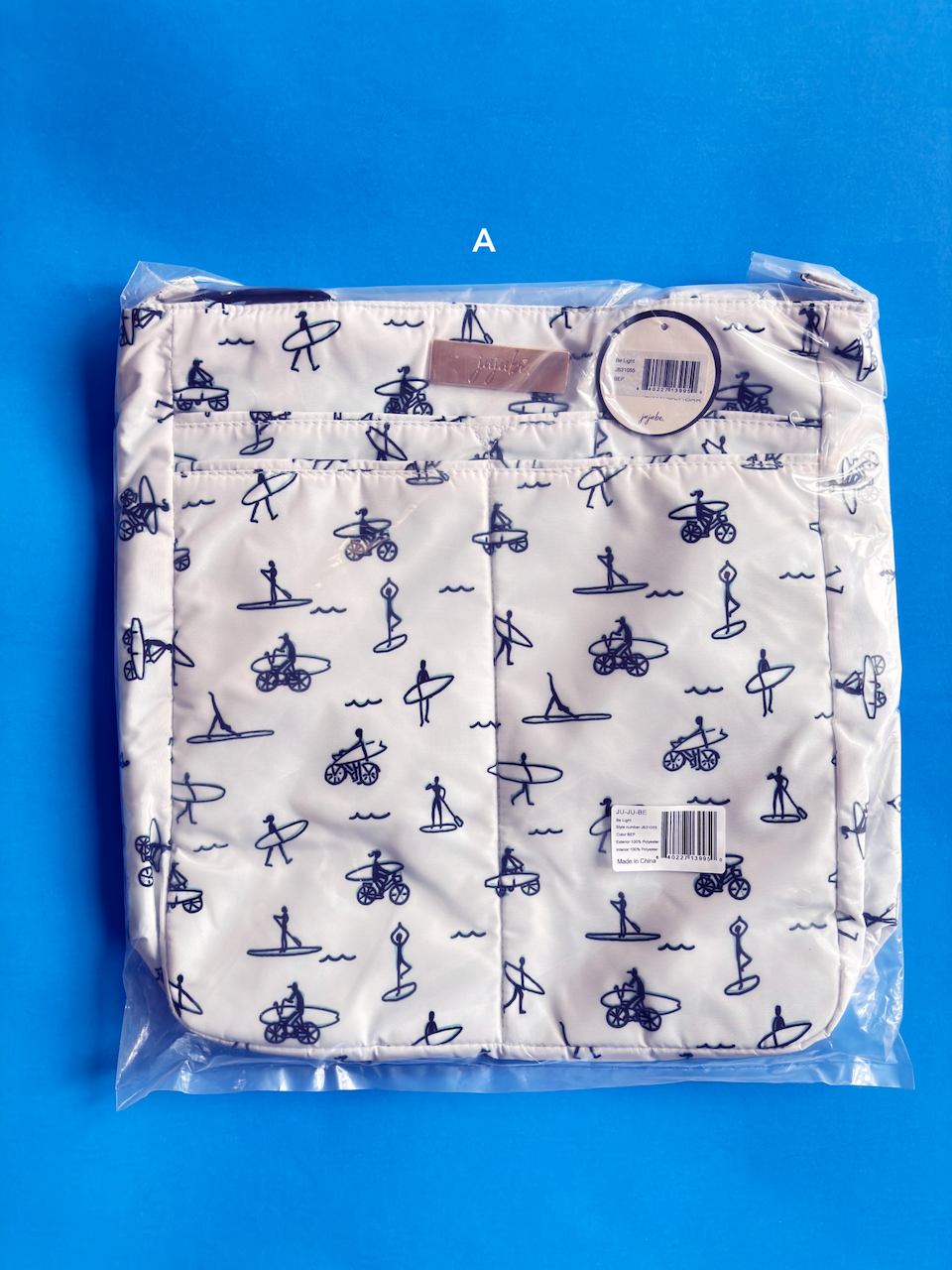 Packaged product with blue graphics on a white background