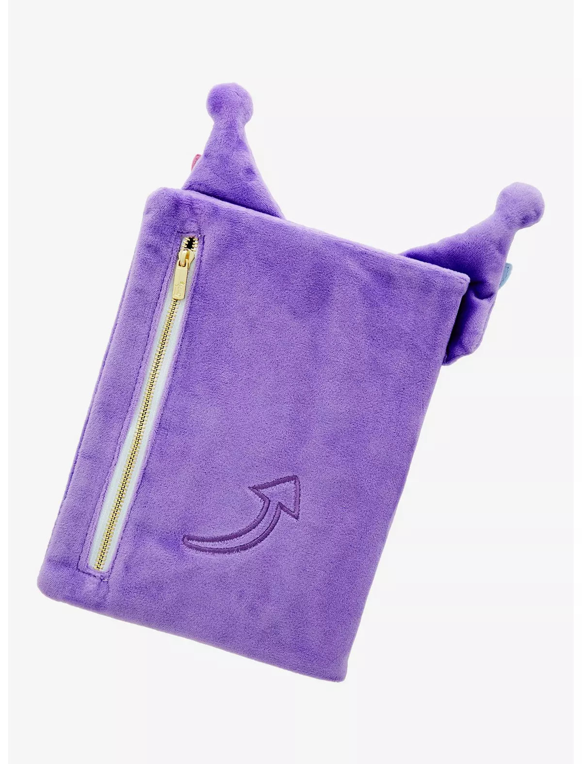 Purple plush journal backside with a zipper and a small horn on a white background