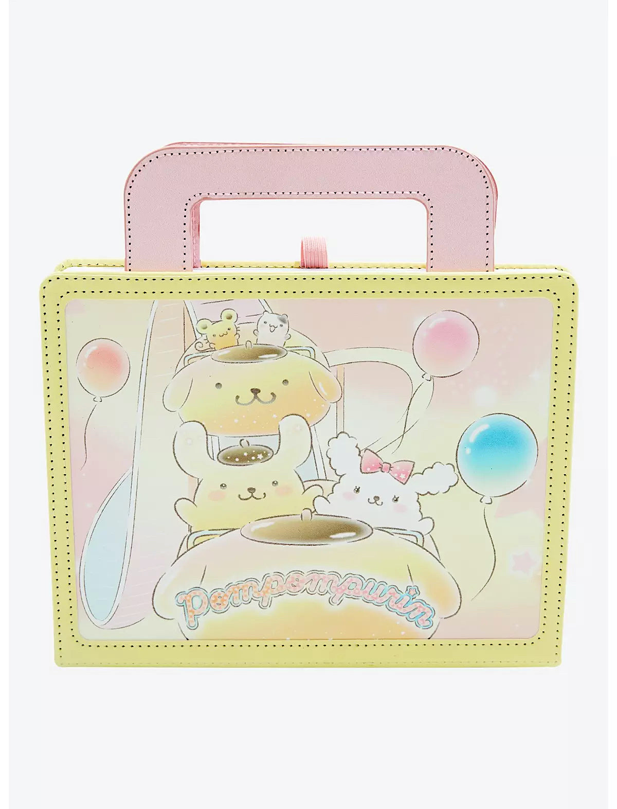 Yellow and Pink Journal with carrying handle with Sanrio characters and 'Pompompurin' text on a white background