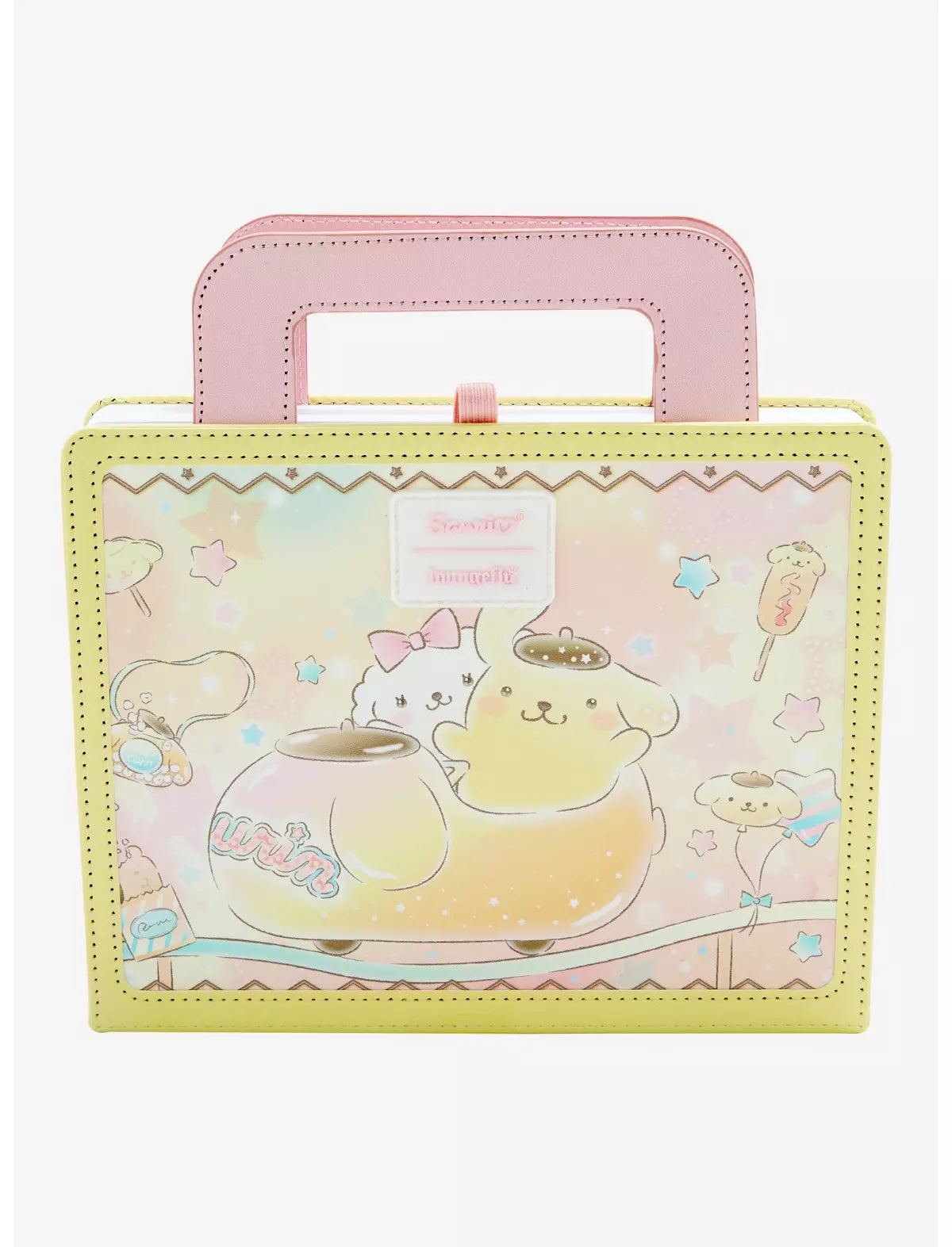 Pastel-colored journal with cartoon character and tea cup design on a white background