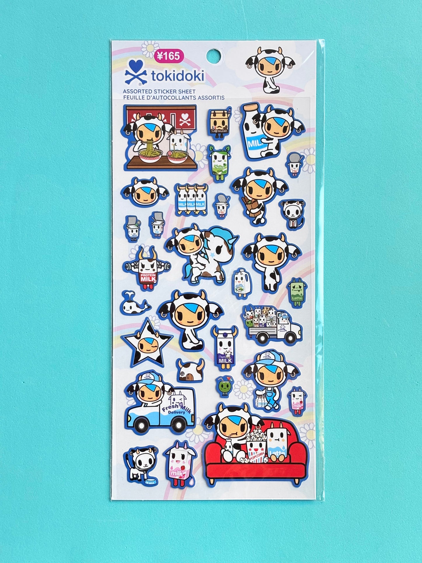 tokidoki mozzarella and moofia characters sticker sheet on blue background