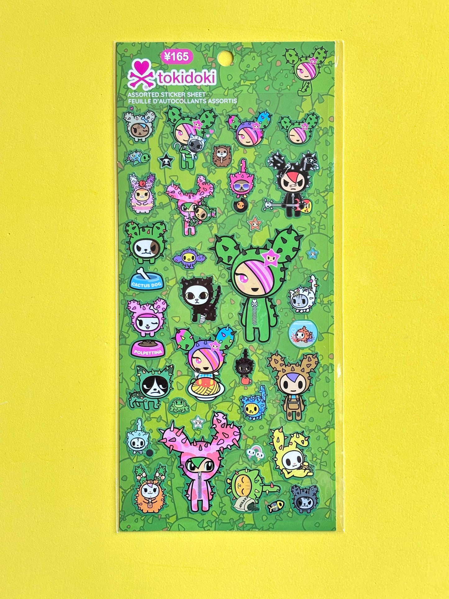 green tokidoki cactus friends stickers on a yellow background