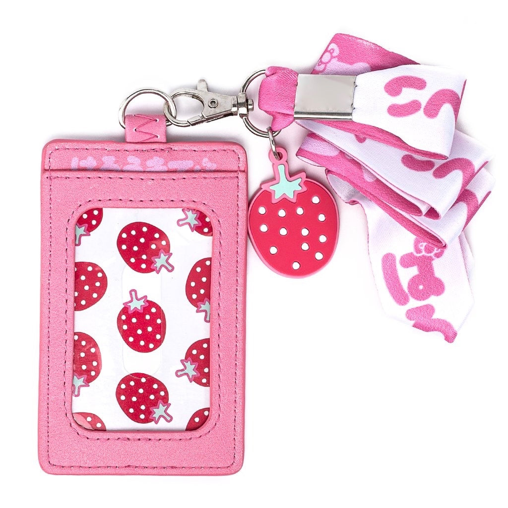 kawaii Loungefly Hello Kitty Lanyard Berrylicious ID window view with pink strawberry print