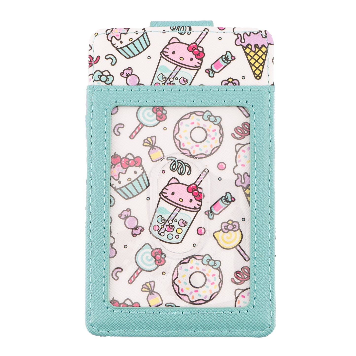 loungefly hello kitty sweet treats cardholder back view of ID pocket and all over print of sweets