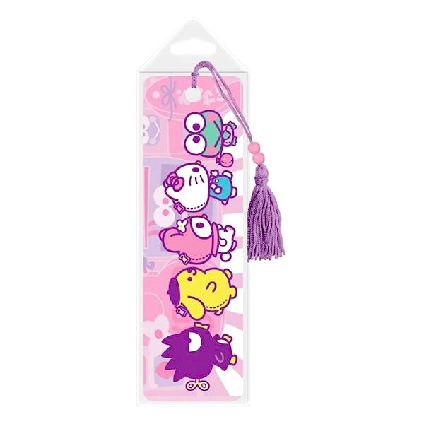 pastel hello sanrio friends bookmark with purple beaded tassel in a plastic sleeve