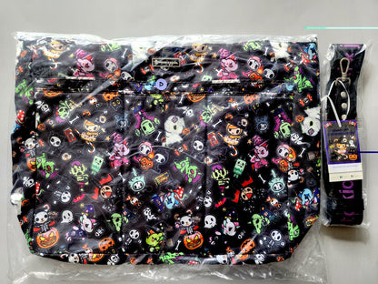 Halloween-themed bag with colorful designs on a gray background