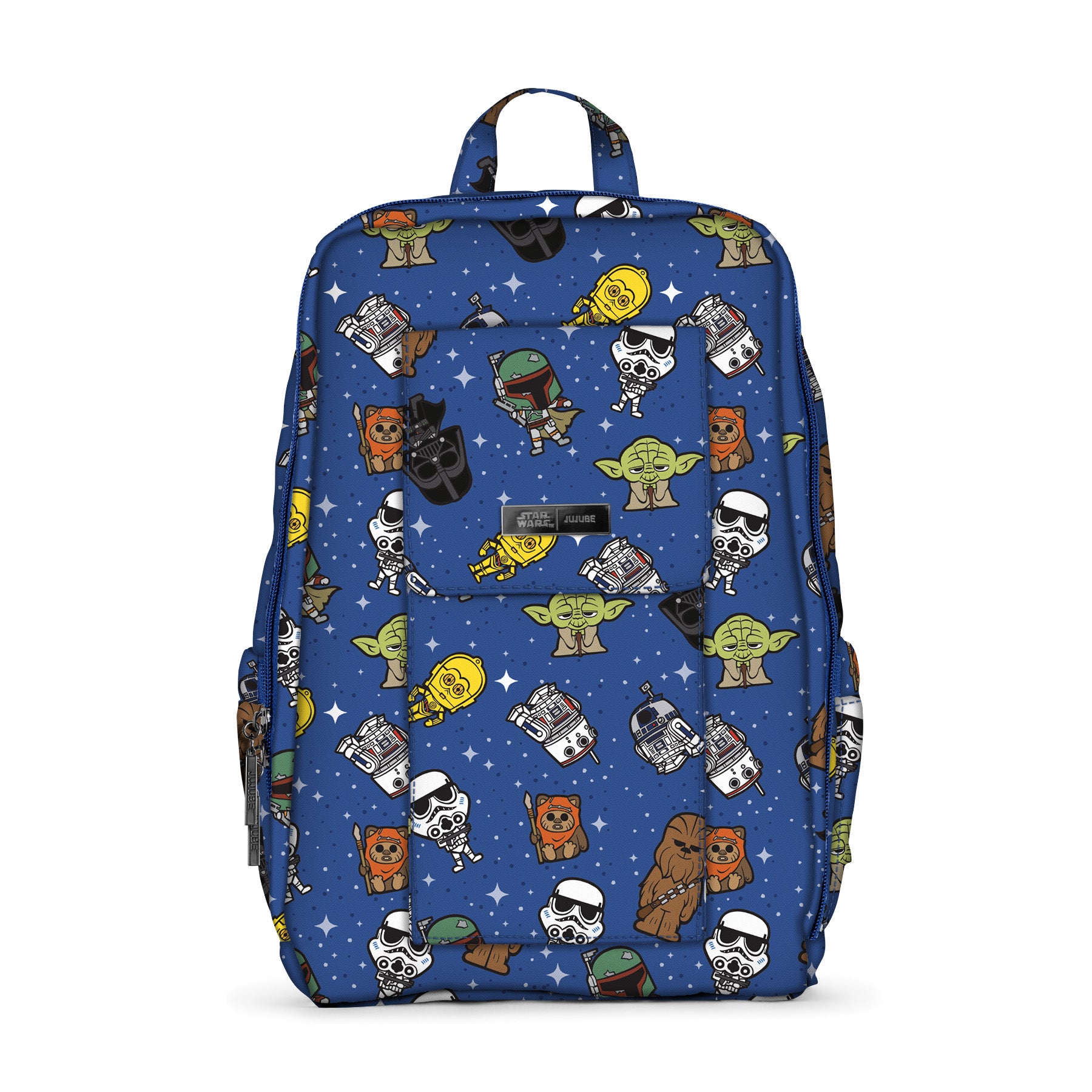 A blue JuJuBe x Star Wars backpack featuring an all-over print of various Star Wars characters like Darth Vader, Chewbacca, and Yoda against a starry background.