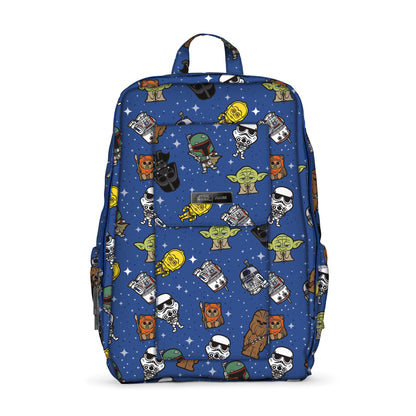 A blue JuJuBe x Star Wars backpack featuring an all-over print of various Star Wars characters like Darth Vader, Chewbacca, and Yoda against a starry background.