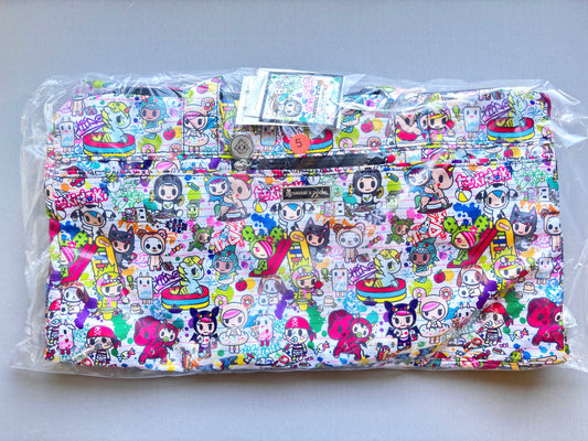 Colorful patterned bag with cartoon characters on a white background