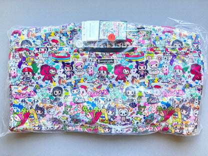 Colorful pouch with cartoon character pattern on a white background