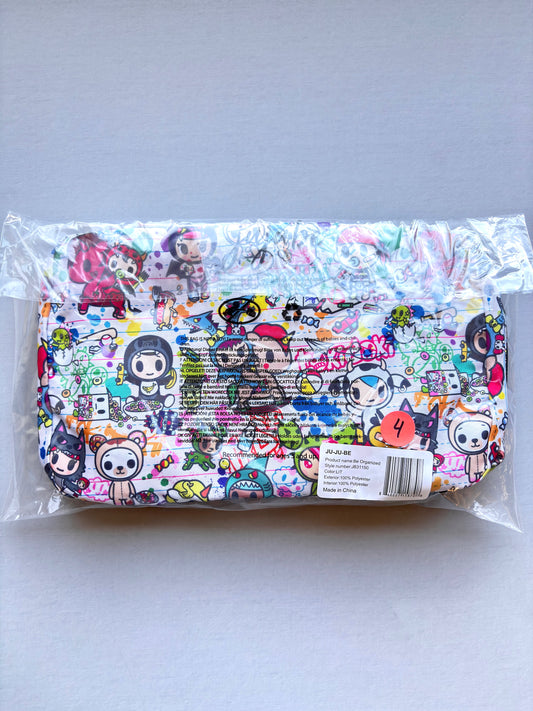 Colorful pouch with cartoon character design in clear packaging on a white background