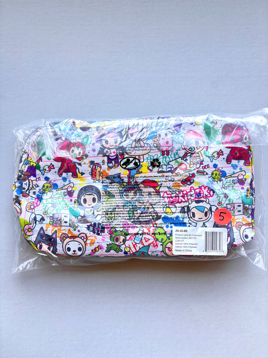 Colorful pouch with cartoon character design in clear packaging on a white background