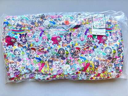 Colorful bag with cartoon character pattern on a white background