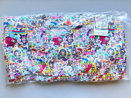 Colorful bag with cartoon character pattern on a white background