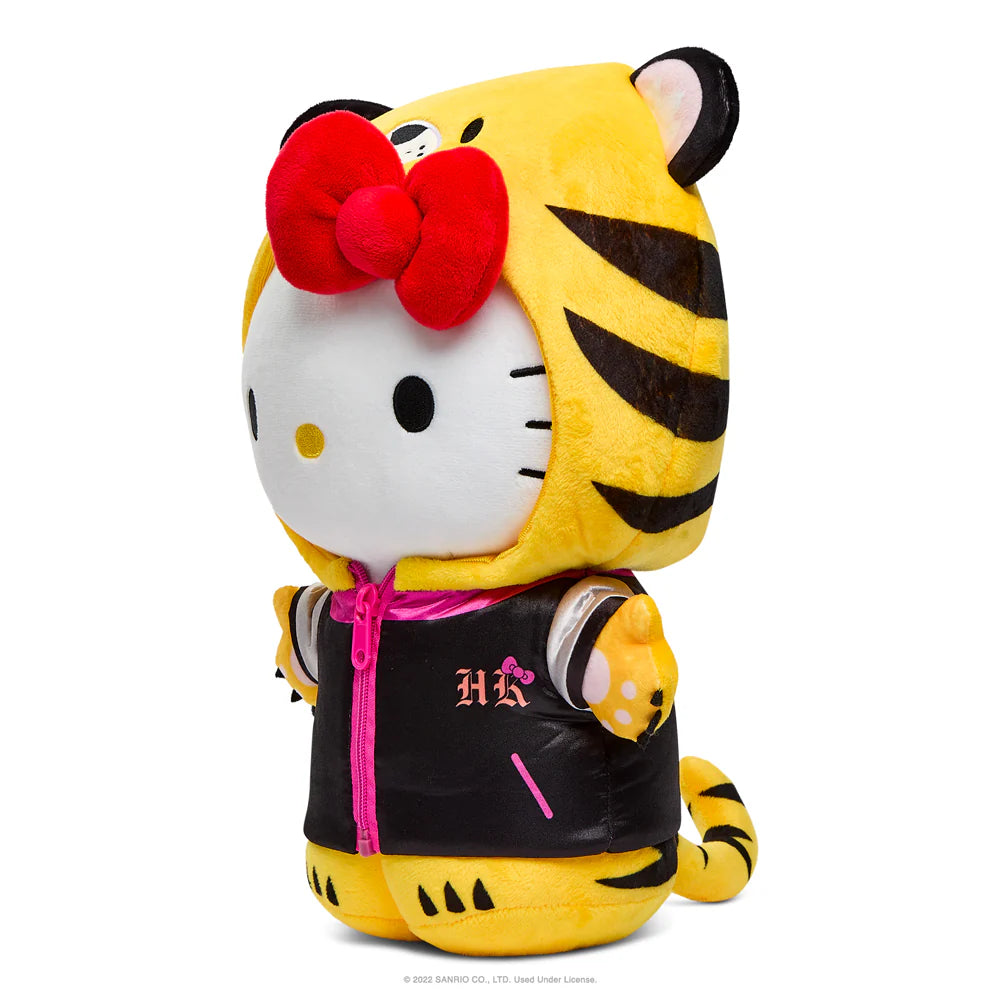 Plush toy with tiger and Hello Kitty design  side view on a white background