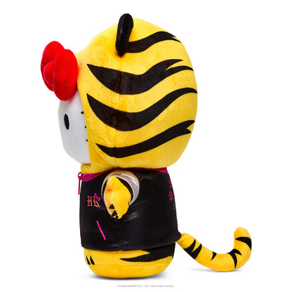 Plush toy with tiger design on a white background left side view