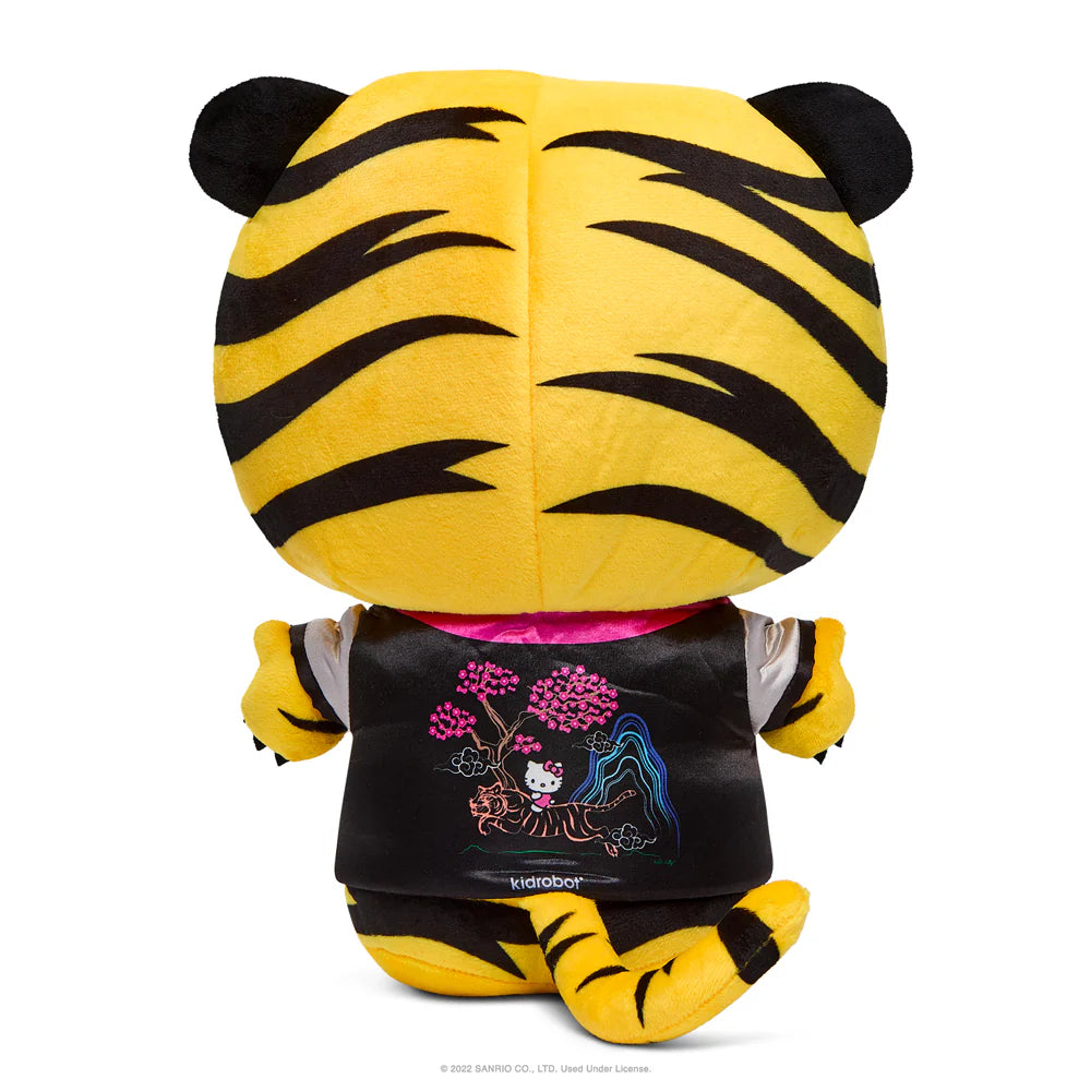 Plush toy with tiger design on a white background with oriental design of Hello Kitty on a tiger