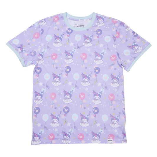 Purple t-shirt with Kuromi character and balloon pattern on a white background