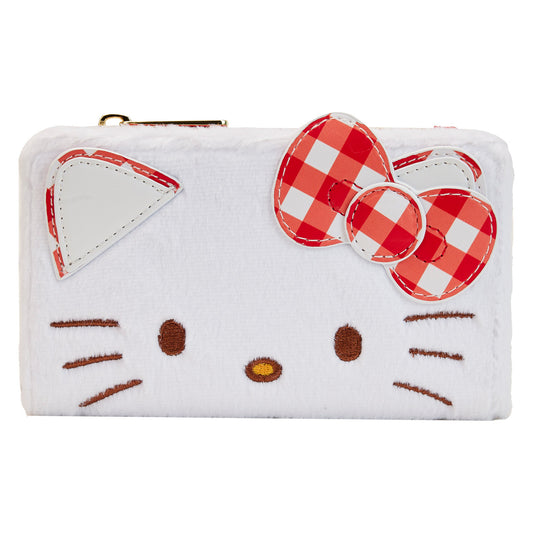 White hello kitty wallet with red checkered bow and cat face design on a white background