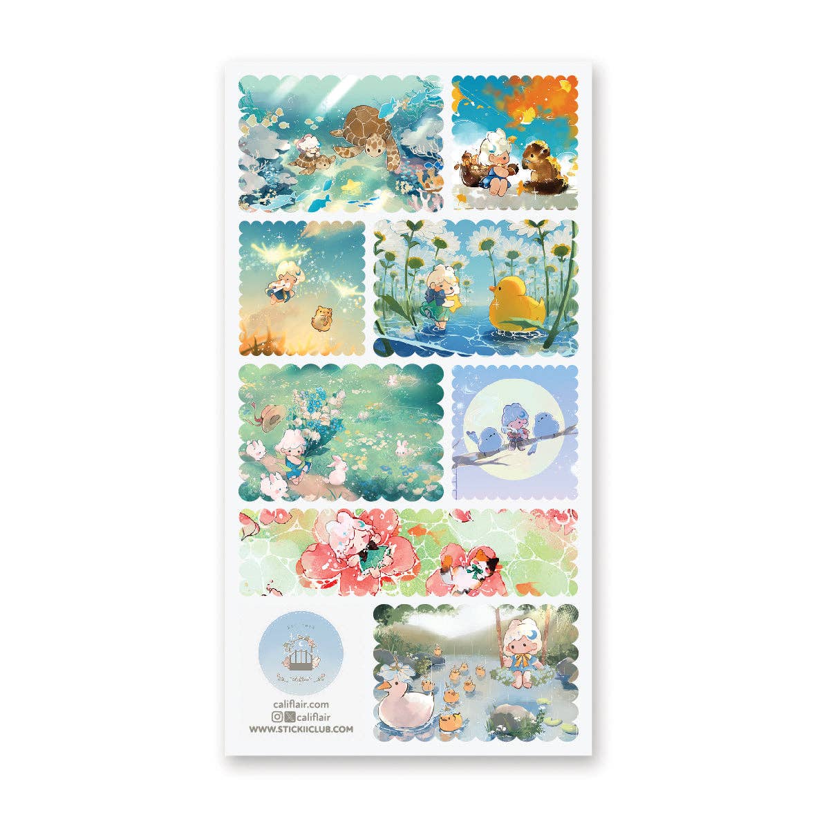 Set of cartoon stickers with various scenes on a white background