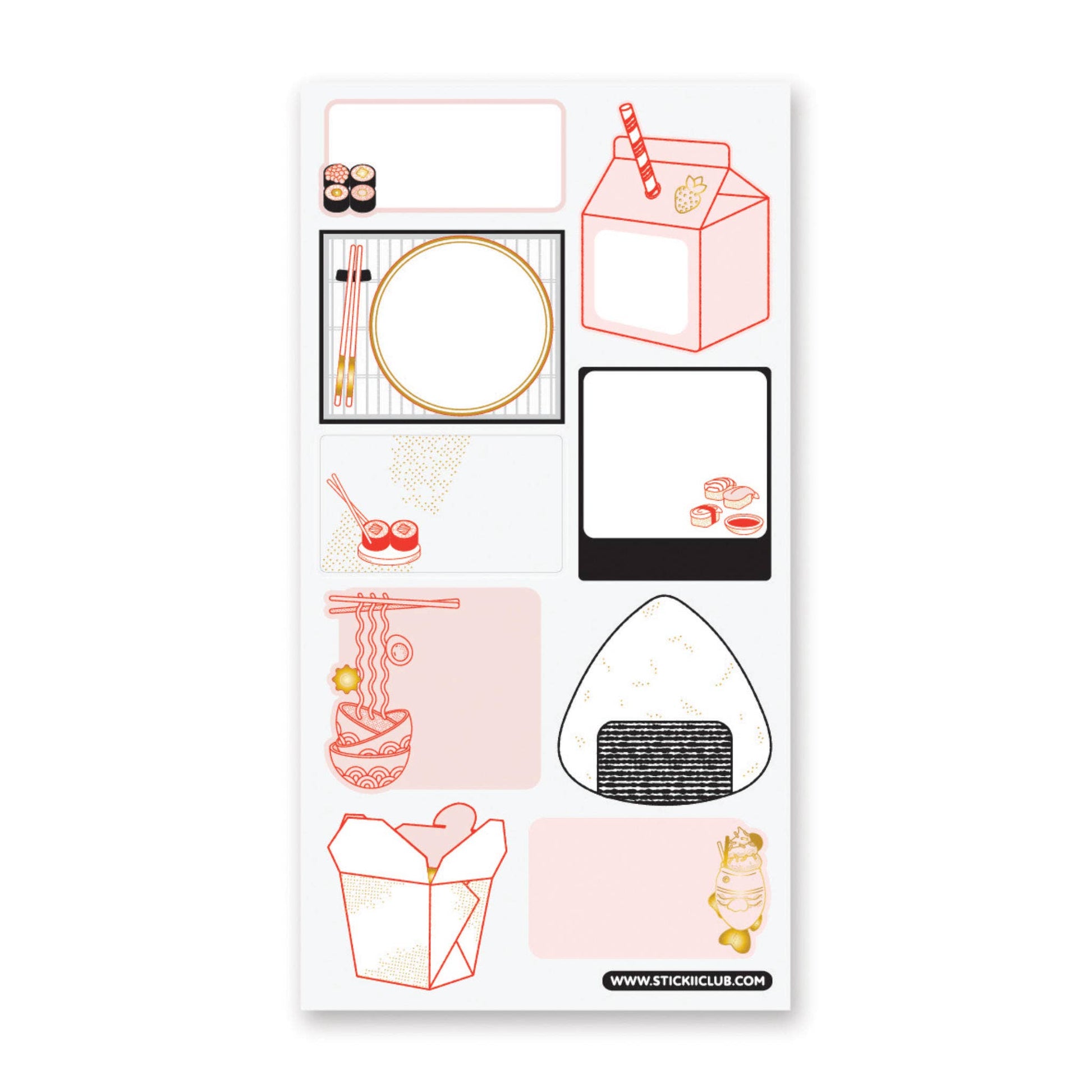 Sheet of illustrated stickers featuring food items on a white background