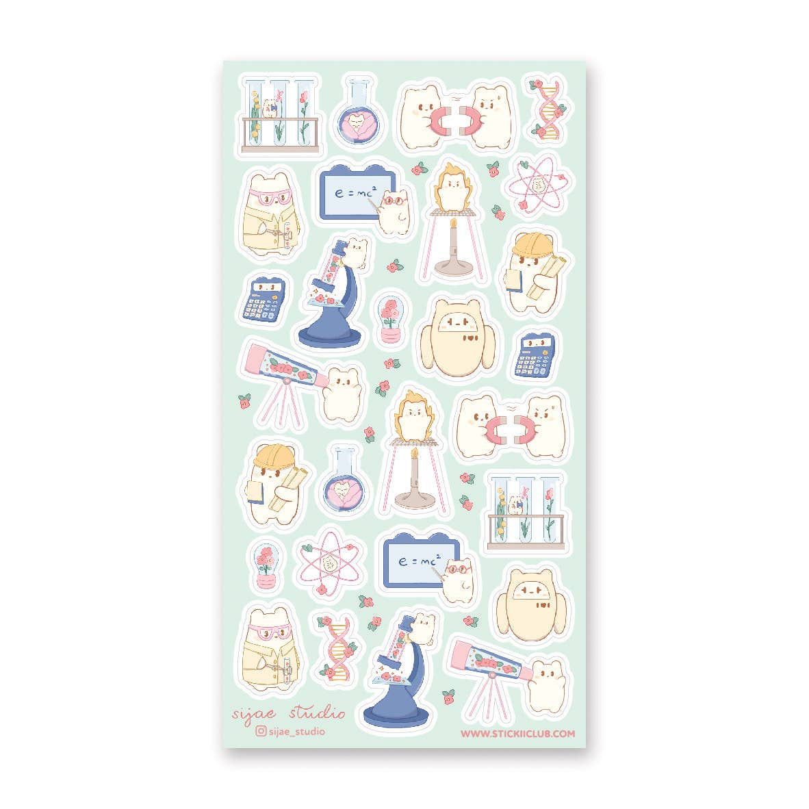 Sheet of cute cartoon stickers with various designs on a light green background