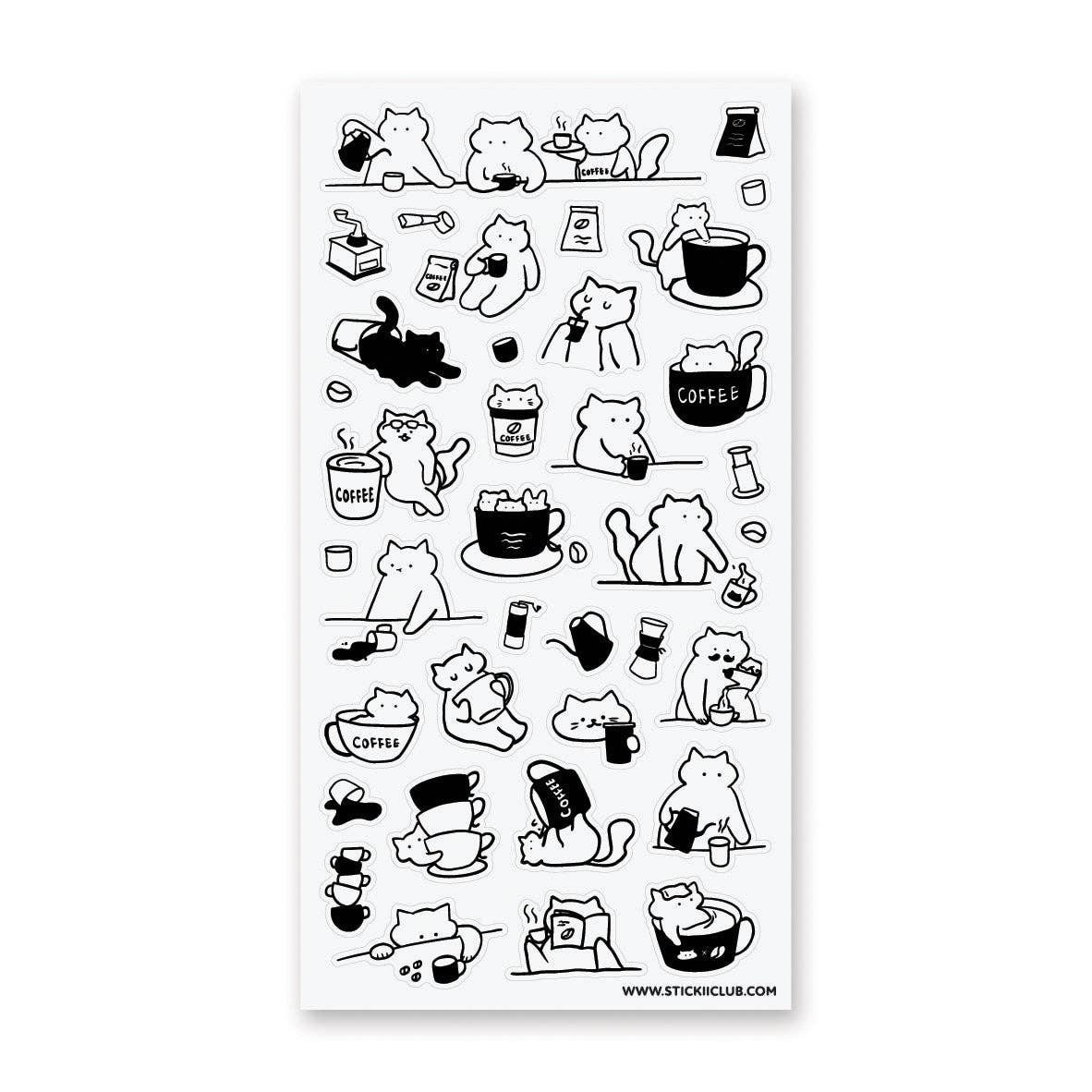 Sheet of black and white cat-themed stickers with coffee-related graphics on a white background.