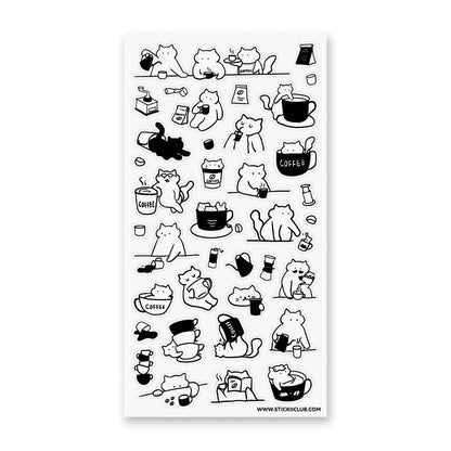 Sheet of black and white cat-themed stickers with coffee-related graphics on a white background.