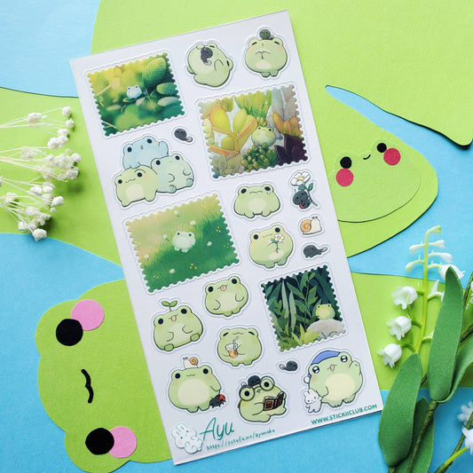 Sheet of frog-themed stickers on a colorful background with decorative elements.