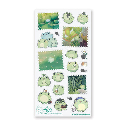 Sheet of cute frog-themed stickers with various designs on a white background.
