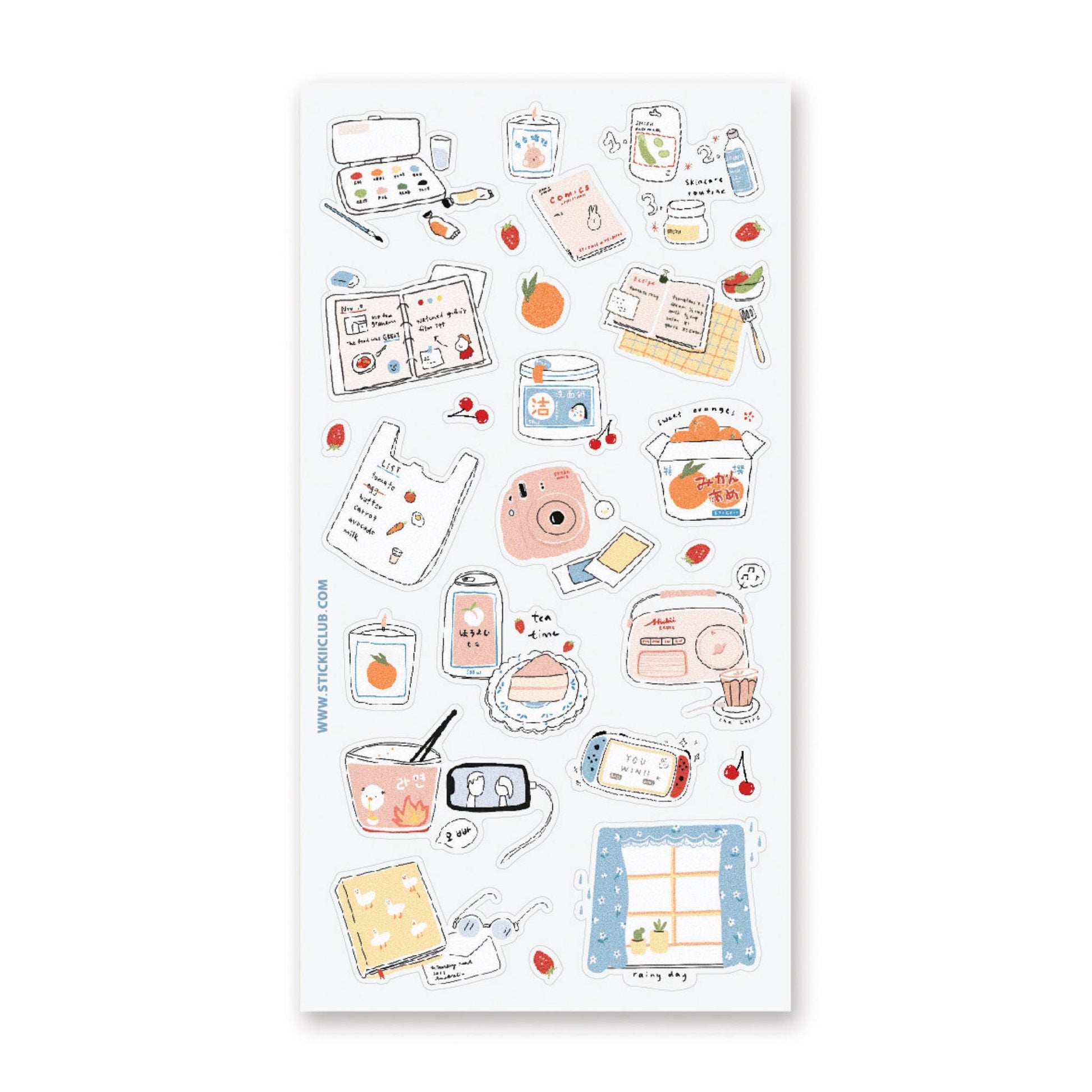 Sheet of decorative stickers with various illustrations on a white background