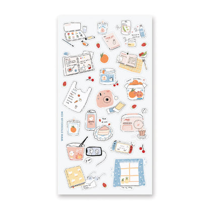 Sheet of decorative stickers with various illustrations on a white background