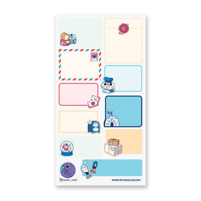 Sheet of colorful stickers with cartoon characters and designs on a white background