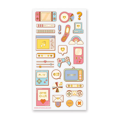 Sheet of colorful gaming-themed stickers on a white background