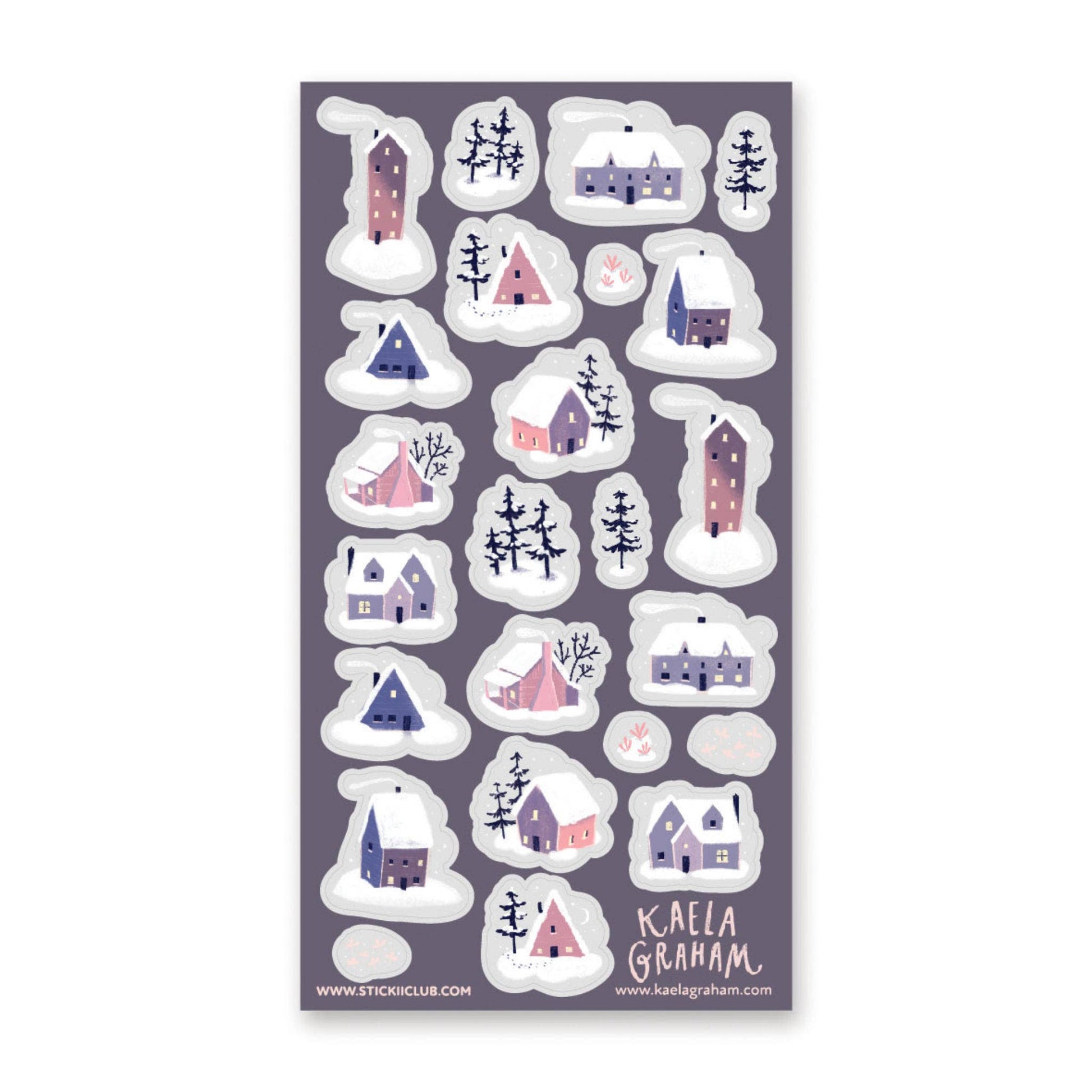 Sheet of winter-themed house stickers with Kaela Graham branding on a purple background