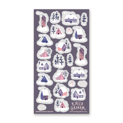 Sheet of winter-themed house stickers with Kaela Graham branding on a purple background