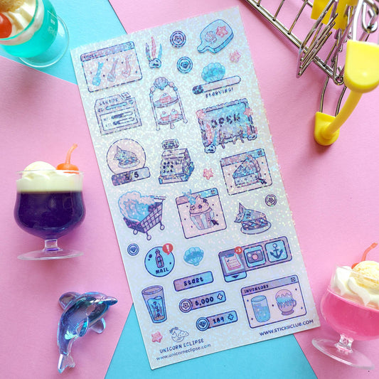 Sheet of colorful stickers with various designs on a pink and blue background.