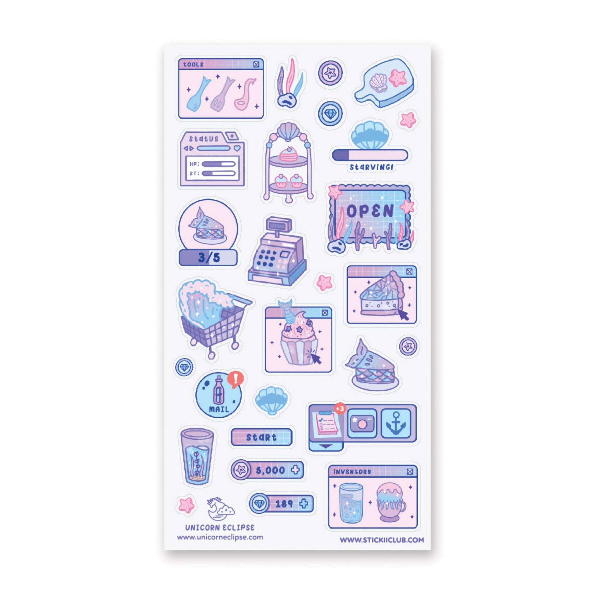 Sheet of colorful stickers with various designs on a white background