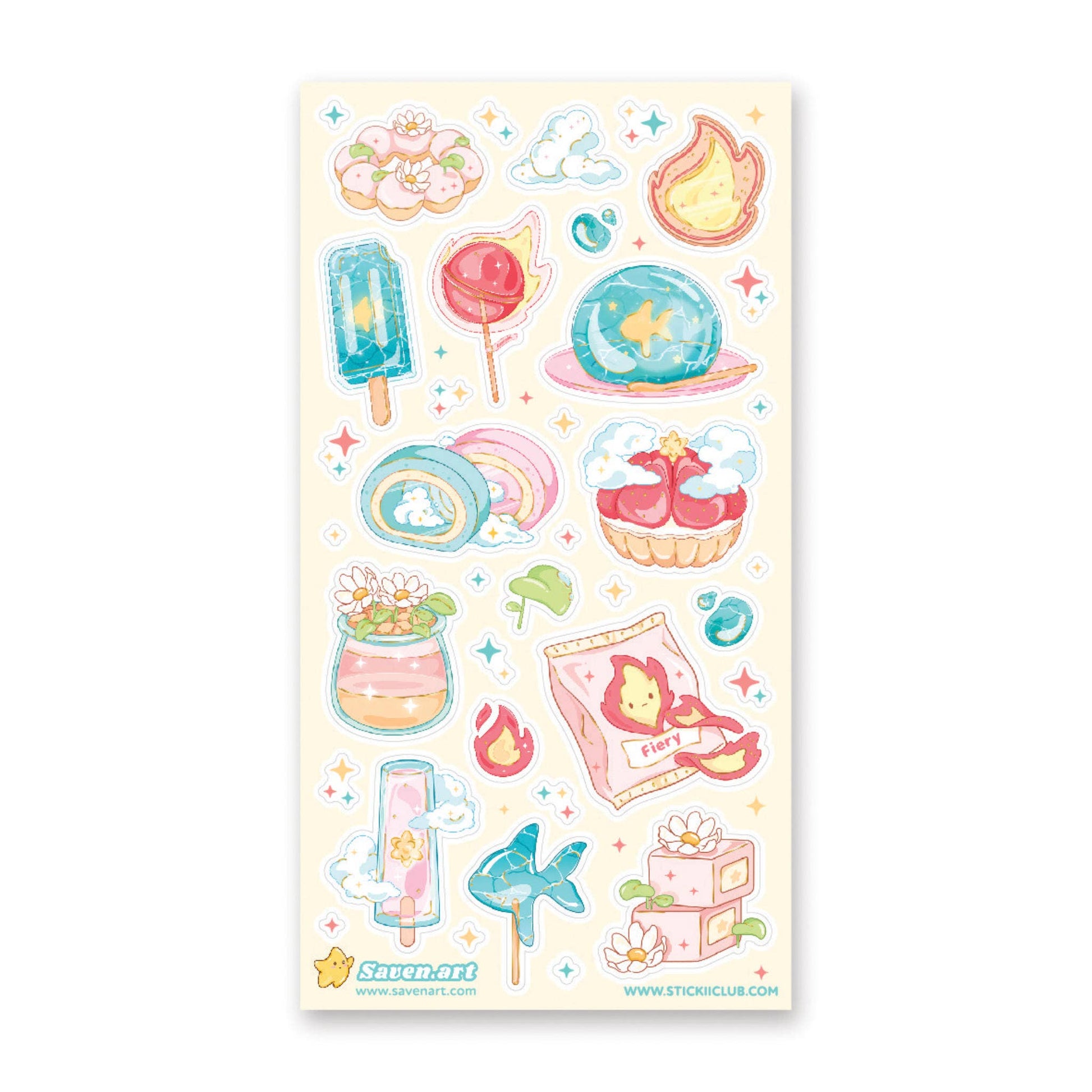 Sheet of colorful stickers featuring various cute illustrations on a white background.