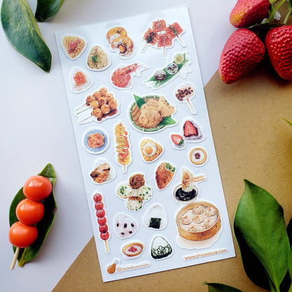 Sheet of Asian food-themed stickers on a white background with strawberries and leaves.