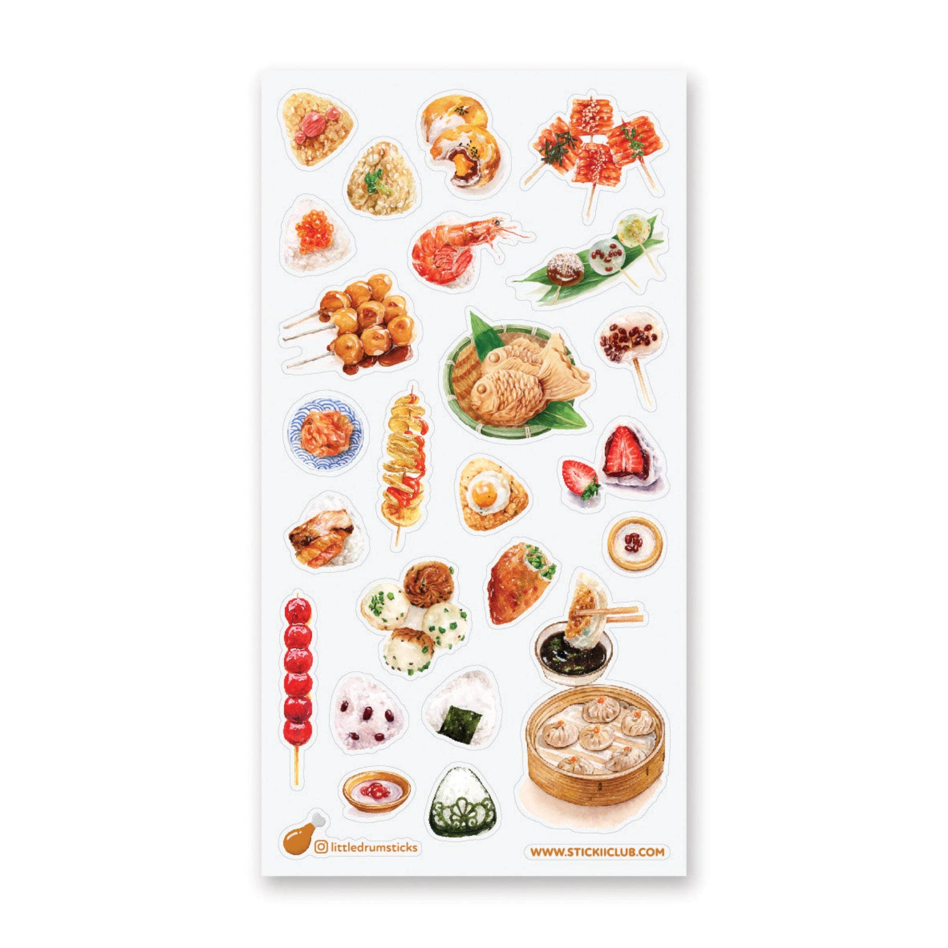 Sheet of food-themed stickers on a white background