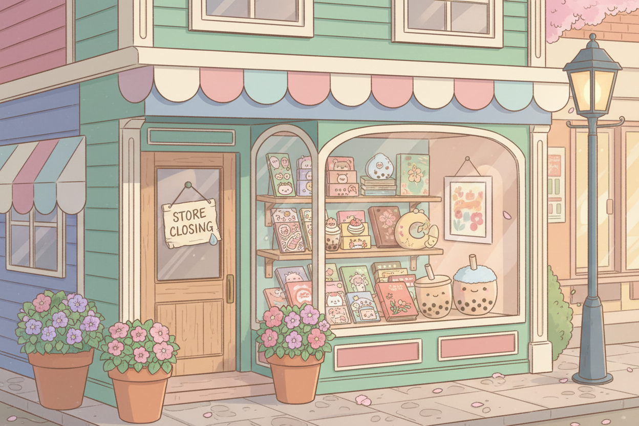A pastel-colored illustration of a quaint shopfront with a mint green facade, pink and cream scalloped awnings, a wooden door with a 'Store Closing' sign, and a large window displaying cute merchandise like books, jars, and boba tea cups. Potted flowers sit on the sidewalk beside a black street lamp.