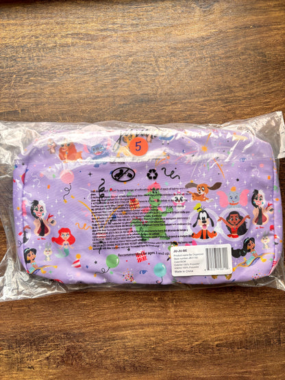 Purple organizing pouches with Disney cartoon character design on a wooden surface