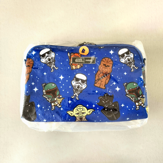 Blue pouch with Star Wars character illustrations on a beige background