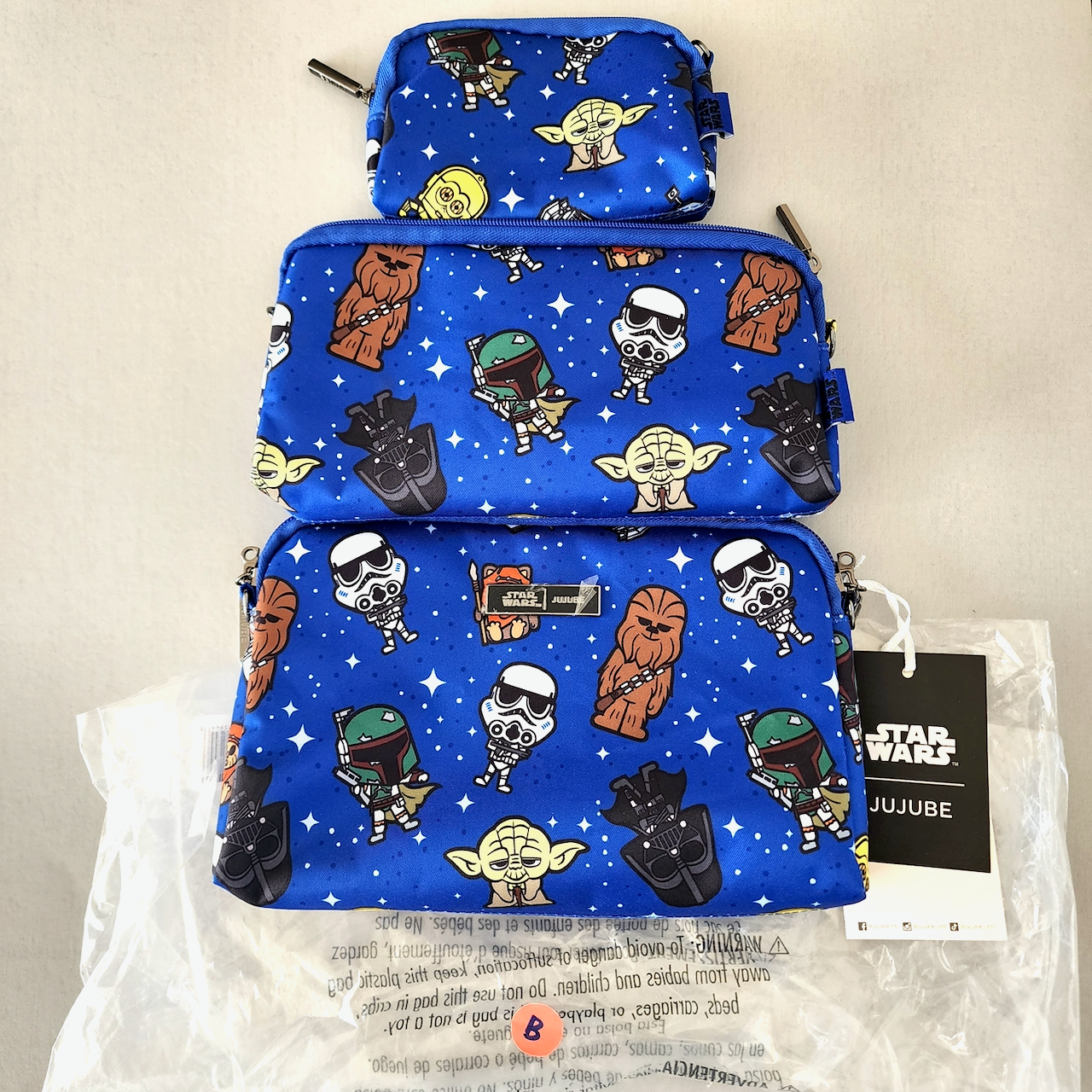 Set of blue cosmetic bags with Star Wars character patterns on a beige background