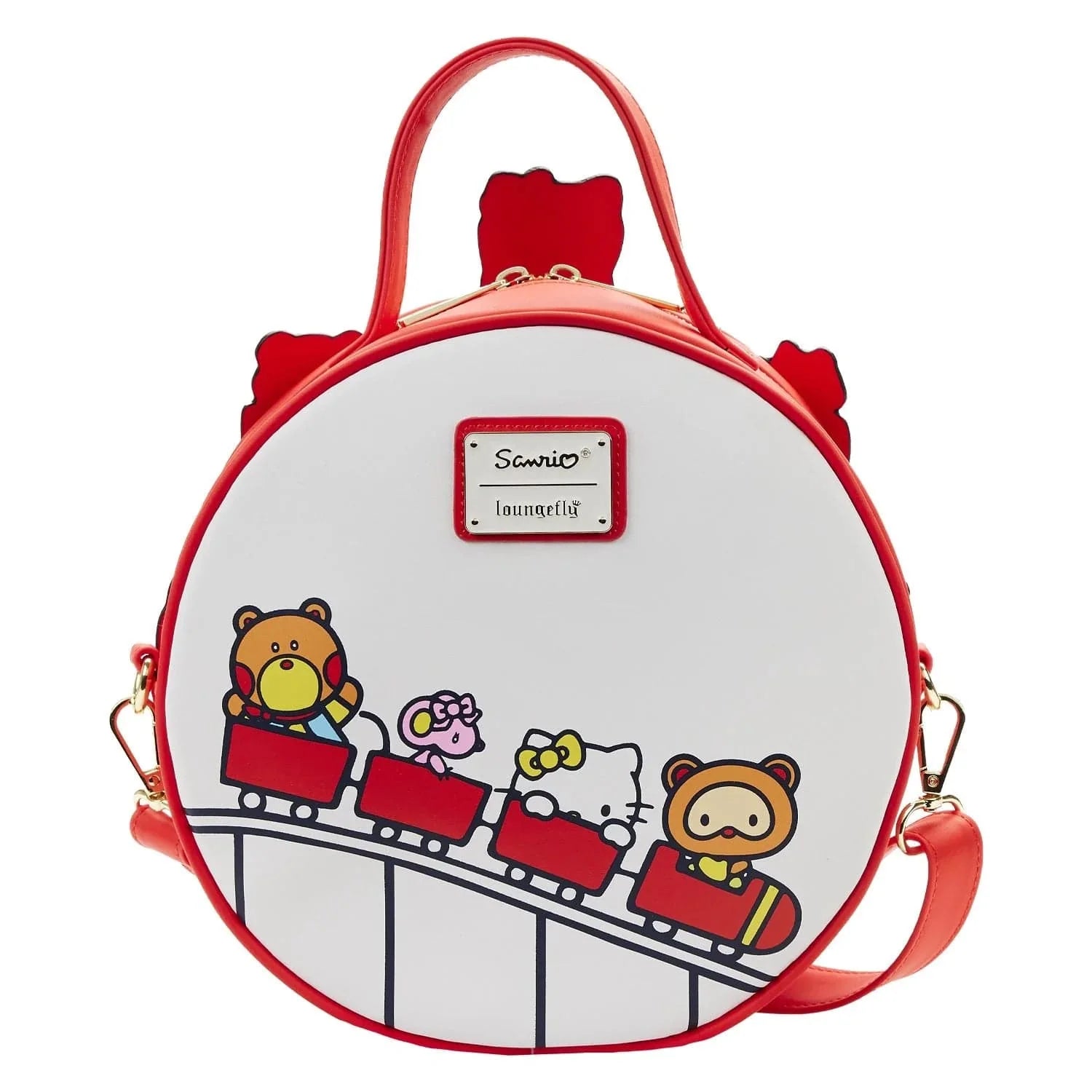 Round Sanrio red bag with characters on a white background back view