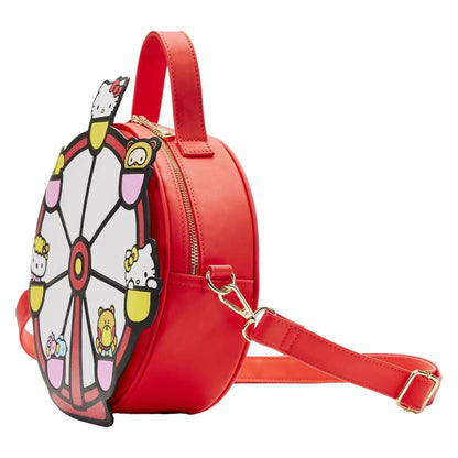Red  Sanrio round bag with cartoon character design on a white background side view